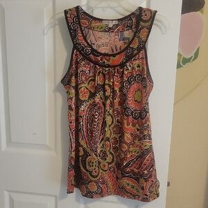 Moa moa SzXL floral brown trim scoop neck sleeveless Women's Top sparkle
